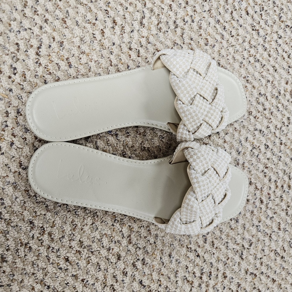 Lulus Avalon Ivory Pearl Braided Flat Slide‎ Sandals Size 9 Bridal